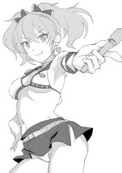 Rule 34 | 1girl, absurdres, armpits, bare shoulders, bikini, bikini top only, bow, breasts, earrings, eyelashes, from side, greyscale, grin, hair between eyes, hair bow, hand on own hip, heart, heart earrings, highres, idolmaster, idolmaster cinderella girls, jewelry, jougasaki mika, long hair, looking at viewer, microskirt, monochrome, navel, outstretched arm, pointing, pointing at viewer, saruanu, skirt, small breasts, smile, swimsuit, thighs, two side up