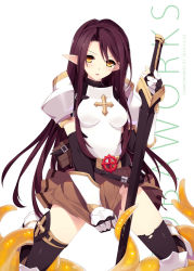 Rule 34 | 1girl, akisoba, blush, breasts, brown hair, knight (ragnarok online), long hair, looking at viewer, lord knight (ragnarok online), pointy ears, ragnarok online, simple background, solo, sword, tentacles, very long hair, weapon, white background