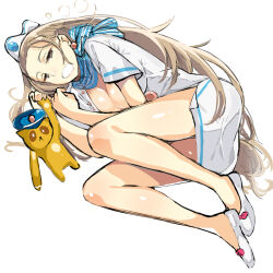 Rule 34 | 1girl, ace attorney, ace attorney investigations, ass, blue scarf, breasts, brown eyes, brown hair, bubble, cammy meele, cleavage, drooling, earrings, jewelry, large breasts, long hair, lying, on side, q (a72pgc), scarf, short sleeves, simple background, stuffed animal, stuffed toy, travel attendant, very long hair, white background, white footwear, white headwear