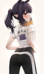 Rule 34 | 1girl, absurdres, alternate costume, alternate hair length, alternate hairstyle, ass, black hair, black pants, blue eyes, blush, from behind, hashtag-only commentary, highres, hololive, hololive english, long hair, looking at viewer, looking back, mole, mole under eye, ninomae ina&#039;nis, pants, ponytail, print shirt, scarlet (wv0102), shirt, short sleeves, simple background, solo, tentacle hair, tongue, tongue out, virtual youtuber, white background, white shirt, yoga pants