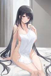 1girl azur_lane bare_shoulders bed black_hair blush breasts chen_hai_(azur_lane) cleavage collarbone curtains highres kuza_brs large_breasts long_hair looking_at_viewer naked_towel parted_lips purple_eyes sideboob sidelocks sitting solo swept_bangs thighs towel very_long_hair wind