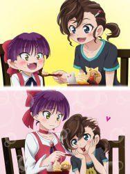Rule 34 | 2girls, : code register, aged down, black shirt, blue eyes, blush, bow, breasts, brooch, brown eyes, brown hair, chair, cherry, choker, collarbone, commentary request, dress, eye contact, fang, feeding, fingernails, food, food on face, fruit, gegege no kitarou, gegege no kitarou 6, hair between eyes, hair bow, hair ornament, hairclip, hands on own face, happy, heart, highres, holding, holding spoon, inuyama mana, ittan momen, ittan momen (gegege no kitarou), jewelry, kitarou, looking at another, mameshiba (pixiv 59310), multiple girls, nekomusume, nekomusume (gegege no kitarou 6), nezumi otoko, on chair, pinafore dress, pointy ears, print shirt, purple hair, red bow, red choker, red dress, shirt, short hair, short sleeves, side ponytail, simple background, sitting, sleeveless, sleeveless dress, small breasts, spoon, t-shirt, tagme, white shirt