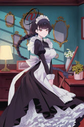 Rule 34 | 1girl, alternate costume, apron, black hair, blue archive, braid, breasts, bright pupils, byocho, desk lamp, dress, enmaided, frilled apron, frills, highres, juliet sleeves, lamp, large breasts, long dress, long hair, long sleeves, maid, maid apron, maid headdress, no halo, own hands together, petticoat, puffy sleeves, red eyes, rio (blue archive), single braid, sleeve cuffs, vase, very long hair, victorian maid, white apron, white pupils