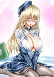 Rule 34 | 10s, 1girl, atago (kancolle), blonde hair, blue eyes, blue hat, blush, breasts, bucket, cleavage, hat, hisatyu, ishii hisao, kantai collection, large breasts, no bra, open clothes, open shirt, pantyhose, personification, ribbon, shirt, sitting, solo, water, wet, wet clothes, yokozuwari
