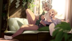 Rule 34 | 2girls, abs, absurdres, blonde hair, breasts, brown eyes, couch, curtains, flat chest, guitar, highres, instrument, large breasts, multiple girls, muscular, muscular female, navel, on couch, open mouth, p-san (sansin), plant, pointy ears, sansin jin, shorts, sitting, size difference, smile, socks, spread legs, sunlight, virtual youtuber, white hair, white socks, window, yellow eyes