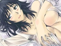Rule 34 | 00s, 1girl, blush, breast hold, breasts squeezed together, breasts, cosaten, large breasts, open clothes, open shirt, school rumble, shirt, solo, suou mikoto (school rumble)