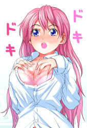 Rule 34 | 00s, 1girl, blue eyes, blush, bra, breasts, cleavage, lace, large breasts, lingerie, lucky star, maimu, no eyewear, open clothes, open shirt, pink hair, shirt, solo, takara miyuki, translated, underwear