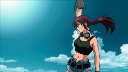 Rule 34 | 1girl, animated, animated gif, black lagoon, breasts, firing, gun, long hair, midriff, navel, open fly, ponytail, purple hair, revy (black lagoon), shorts, solo, standing, tattoo, weapon