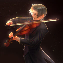 Rule 34 | 1boy, ace attorney, alternate costume, backlighting, black suit, black vest, buttons, cowboy shot, dark background, formal, from side, glasses, grey hair, hair intakes, half-closed eyes, holding instrument, holding violin, instrument, long sleeves, male focus, miles edgeworth, music, parted lips, playing instrument, shirt, short hair, signature, simple background, solo, spiked hair, suit, tailcoat, teeth, tuxedo, vest, violin, waytooemily, white shirt