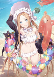 Rule 34 | 1girl, abigail williams (fate), abigail williams (swimsuit foreigner) (fate), abigail williams (swimsuit foreigner) (third ascension) (fate), bare shoulders, beach, bikini, black jacket, blonde hair, blue eyes, blush, bonnet, bow, breasts, commentary request, fate/grand order, fate (series), food, forehead, fruit, gabiran, hair bow, highres, innertube, jacket, long hair, long sleeves, looking at viewer, miniskirt, navel, off shoulder, open clothes, open jacket, open mouth, parted bangs, shore, sidelocks, skirt, small breasts, smile, solo, swim ring, swimsuit, thighs, twintails, very long hair, watermelon, white bikini, white bow, white headwear