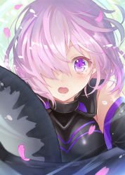Rule 34 | 1girl, :o, armor, bare shoulders, black armor, blush, commentary request, fate/grand order, fate (series), hair between eyes, hair over one eye, highres, holding, holding shield, holding weapon, looking at viewer, mash kyrielight, musou yuchi, open mouth, petals, purple eyes, purple hair, shield, short hair, solo, tears, weapon