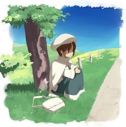 Rule 34 | 1girl, bag, blue sky, brown hair, day, fence, grass, hat, nora higuma, original, own hands together, shaded face, short hair, sitting, sky, smile, solo, tree, tree shade