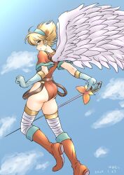 Rule 34 | 1girl, angel wings, armor, ass, blonde hair, blue eyes, breath of fire, breath of fire i, closed mouth, cloud, dated, elbow gloves, feathered wings, flying, foot out of frame, gloves, hamamuraacca, highres, leotard, looking at viewer, nina (breath of fire i), rapier, red leotard, short hair, smile, solo, sword, thighhighs, weapon, white wings, wings