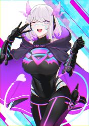 Rule 34 | 1girl, absurdres, aqua eyes, black bodysuit, bob cut, bodysuit, breasts, cape, detached horns, gradient hair, gradient horns, headphones, high heels, highres, hip vent, holographic horns, horns, indie virtual youtuber, large breasts, mechanical arms, mechanical parts, motherv3, multicolored hair, multicolored horns, neon trim, one eye closed, open mouth, pink horns, purple cape, purple eyes, purple horns, short hair, smile, solo, tail, two-tone eyes, tyaaaaaaba, virtual youtuber