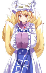 Rule 34 | 1girl, animal hat, blonde hair, blush, dress, e.o., fox tail, frown, hands in opposite sleeves, hat, highres, long sleeves, looking at viewer, mob cap, multiple tails, mob cap, solo, tabard, tail, touhou, white dress, wide sleeves, yakumo ran, yellow eyes