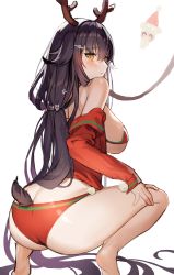 Rule 34 | 1girl, absurdres, ass, azuma (azur lane), azur lane, bare legs, bare shoulders, bikini, black hair, blush, breasts, fake antlers, highres, hyoin, large breasts, leash, long hair, looking at viewer, looking back, low tied hair, off shoulder, open clothes, open shirt, red bikini, solo, squatting, swimsuit, yellow eyes