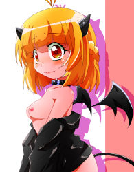 Rule 34 | 1girl, blonde hair, blush, braid, breasts, character request, collar, copyright request, demon horns, demon tail, demon wings, embarrassed, female focus, french braid, horns, nipples, off shoudler, shishinon, small breasts, solo, tail, wings
