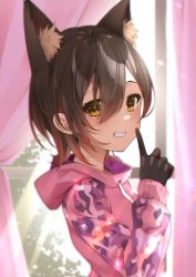 Rule 34 | 1girl, animal ear fluff, animal ears, black gloves, brown hair, commentary, curtains, day, drawstring, eyes visible through hair, from side, gloves, hair between eyes, highres, hololive, hood, hood down, hoodie, indoors, izumi kei, long sleeves, paw print, pink hoodie, print sleeves, roboco-san, roboco-san (hoodie), short hair, solo, upper body, virtual youtuber, window