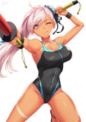 Rule 34 | 1girl, ;p, antenna hair, armpits, asymmetrical hair, bare shoulders, bikini tan, black one-piece swimsuit, black ribbon, blue eyes, blue one-piece swimsuit, blush, breasts, bun cover, cleavage, closed mouth, competition swimsuit, covered navel, cowboy shot, fate/grand order, fate (series), fingernails, foreshortening, hair between eyes, hair bun, hair ribbon, highleg, highleg swimsuit, highres, large breasts, legs apart, long fingernails, long hair, looking at viewer, miyamoto musashi (fate), miyamoto musashi (fate/grand order), miyamoto musashi (swimsuit berserker) (fate), miyamoto musashi (swimsuit berserker) (first ascension) (fate), one-piece swimsuit, one eye closed, pink hair, ribbon, sakiyamama, simple background, single side bun, smile, solo, standing, standing on one leg, swept bangs, swimsuit, tan, tanline, thighs, tongue, tongue out, toy sword, two-tone swimsuit, white background, wristband