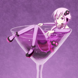 Rule 34 | 1girl, alcohol, ankle cuffs, bare shoulders, black footwear, blouse, bubble, cocktail, cup, detached sleeves, full body, glass, hair ornament, headset, in container, in cup, kawahara kawara, mini person, minigirl, panties, pantyshot, partially submerged, purple background, purple eyes, purple hair, purple shirt, purple theme, purple thighhighs, shirt, shoes, simple background, solo, thighhighs, thighs, twintails, u6cb3u539fu74e6, underwear, vocaloid, voiceroid, yuzuki yukari