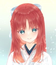 Rule 34 | 1girl, blue eyes, blush, bow, genshin impact, hair bow, half updo, highres, japanese clothes, kimono, led awaame, looking at viewer, nilou (genshin impact), smile, solo, upper body