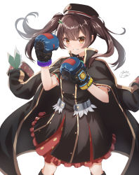 Rule 34 | 1girl, absurdres, apex legends, beret, black coat, black dress, black hat, blush, boots, boxing gloves, brown eyes, brown hair, coat, coat on shoulders, commission, cosplay, dress, feet out of frame, fighting stance, grin, hair ornament, hairclip, hat, highres, indie virtual youtuber, knee boots, long hair, looking at viewer, pathfinder (apex legends), pathfinder (apex legends) (cosplay), short dress, short sleeves, skeb commission, smile, solo, tochiotome sayu, twintails, virtual youtuber, yukikawa sara