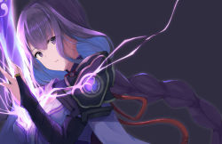 Rule 34 | 1girl, armor, braid, breasts, bridal gauntlets, commentary request, electricity, energy sword, genshin impact, hair ornament, highres, human scabbard, japanese clothes, kimono, kurai masaru, large breasts, long hair, looking at viewer, obiage, open mouth, purple background, purple eyes, purple hair, raiden shogun, ribbon, shoulder armor, simple background, solo, sword, tomoe (symbol), weapon