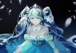 Rule 34 | 1girl, aqua hair, bare shoulders, blue dress, blue eyes, corset, dress, fortissimo, frilled dress, frills, gem, hair ornament, hatsune miku, kaelcite, looking at viewer, looking up, musical note, musical note hair ornament, solo, tiara, twintails, vocaloid, yuki miku