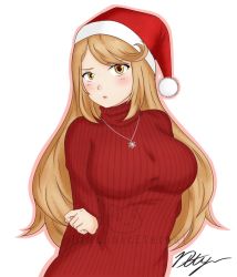 Rule 34 | 1girl, blonde hair, blush, breasts, christmas, draconety, female focus, hat, highres, jewelry, large breasts, long hair, matching hair/eyes, mythra (xenoblade), necklace, nintendo, santa hat, signature, solo, sweater, turtleneck, turtleneck sweater, very long hair, watermark, xenoblade chronicles (series), xenoblade chronicles 2, xenoblade chronicles (series), xenoblade chronicles 2, yellow eyes