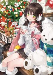 Rule 34 | 1girl, 2hands1cup, ahoge, bench, bird, black skirt, blurry, blurry foreground, blush, boots, bosack, bow, braid, brown footwear, brown hair, chick, christmas, christmas ornaments, christmas stocking, christmas tree, closed mouth, collarbone, commentary, cup, depth of field, disposable cup, earmuffs, fur-trimmed boots, fur-trimmed jacket, fur trim, green eyes, hair between eyes, hair bow, holding, holding cup, indoors, jacket, jacket on shoulders, knee boots, long hair, long sleeves, low twintails, original, pink bow, pink jacket, pleated skirt, scarf, sitting, skirt, sleeves past wrists, smile, snowman, solo, stuffed animal, stuffed toy, sweater, teddy bear, twin braids, twintails, white sweater