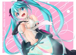 Rule 34 | 1girl, ahoge, aqua eyes, aqua hair, asahi (ge nyu), bad id, bad pixiv id, bridal gauntlets, center opening, character name, hand on own chest, hatsune miku, hatsune miku (append), highres, long hair, nail polish, navel, necktie, no panties, open mouth, solo, tattoo, thighhighs, twintails, very long hair, vocaloid, vocaloid append