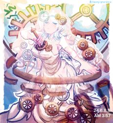 Rule 34 | 1girl, absurdres, armpits, bridal veil, cheongignorance, clock, clock print, closed eyes, dated, dress, e.g.o (project moon), facing up, faust (project moon), gears, hair ornament, highres, holding, holding weapon, limbus company, multicolored background, open mouth, project moon, short hair, single bare shoulder, sleeveless, twitter username, veil, weapon, wedding dress, white dress, white hair
