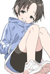 1girl absurdres bike_shorts black_eyes black_hair blue_jacket blush clenched_teeth commentary_request forehead hand_in_pocket highres jacket legs looking_at_viewer original shoes short_hair simple_background smile sneakers solo teeth white_background white_sneakers yamamoto_souichirou