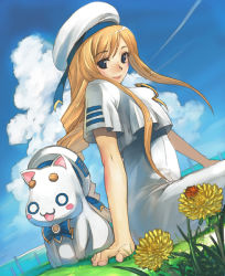 Rule 34 | 00s, 1girl, alicia florence, aria (manga), aria pokoteng, arm support, blonde hair, blouse, blue eyes, bug, cat, cloud, contrail, dandelion, day, dutch angle, flower, grass, hat, hirokiku, insect, ladybug, long hair, looking at viewer, outdoors, shirt, short sleeves, sitting, sky, solo, white shirt
