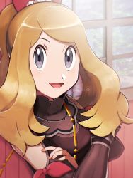 Rule 34 | 1girl, :d, blonde hair, brown dress, clothing cutout, commentary request, creatures (company), dress, eyelashes, game freak, grey eyes, hair ribbon, highres, jeri20, long hair, looking at viewer, nintendo, official alternate costume, open mouth, pokemon, pokemon masters ex, red ribbon, ribbon, serena (palentine&#039;s 2021) (pokemon), serena (pokemon), shoulder cutout, sidelocks, smile, solo, strap, tongue, twitter username, upper body, watermark, window