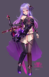 Rule 34 | 1girl, arms at sides, asymmetrical legwear, bow, corruption, dark persona, dress, fingerless gloves, gloves, grey background, highleg, highleg panties, highres, holding, holding sword, holding weapon, licking lips, looking at viewer, mismatched legwear, panties, princess connect!, pubic tattoo, puririn, purple hair, red eyes, revealing clothes, see-through, shizuru (princess connect!), shoes, shoulder tattoo, simple background, solo, standing, standing on one leg, sword, tattoo, thighhighs, tongue, tongue out, underwear, weapon