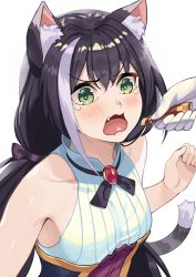 Rule 34 | 1girl, animal ear fluff, animal ears, bare shoulders, beppu mitsunaka, black hair, blush, brooch, cat ears, cat girl, cat tail, ciao churu, collarbone, feeding, food, gem, gloves, green eyes, highres, holding, holding food, jewelry, karyl (princess connect!), multicolored hair, open mouth, pet food, princess connect!, purple gemstone, simple background, solo focus, streaked hair, tail, tears, upper body, v-shaped eyebrows, white background, white gloves, white hair