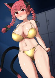 Rule 34 | 1girl, animal ears, bikini, bow, braid, breasts, cat ears, cat girl, cat tail, chups, extra ears, hair bow, kaenbyou rin, large breasts, multiple tails, red hair, solo, swimsuit, tail, touhou, twin braids, two tails