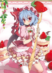 Rule 34 | 1girl, beni kurage, blue hair, blush, bridal garter, cake, choker, collarbone, commentary request, dress, fang, fang out, food, fork, frilled dress, frills, fruit, hair between eyes, hat, hat ribbon, highres, holding, holding fork, kneeling, leaf, looking at viewer, macaron, mob cap, nail polish, no shoes, petticoat, pink dress, pink hat, pink nails, puffy short sleeves, puffy sleeves, red choker, red eyes, red ribbon, red sash, remilia scarlet, ribbon, sash, short hair, short sleeves, single thighhigh, smile, solo, strawberry, thighhighs, thighs, touhou, white thighhighs, wrist, wrist cuffs