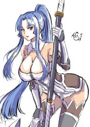 Rule 34 | 1girl, artist request, axe, battle axe, blue hair, bodysuit, breasts, curvy, high ponytail, highres, hime cut, holding, holding weapon, large breasts, long hair, ponytail, simple background, taimanin (series), taimanin asagi, taimanin murasaki, very long hair, weapon, wide hips, yatsu murasaki