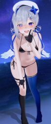 Rule 34 | 1girl, :d, adapted costume, amane kanata, amane kanata (work), angel wings, asymmetrical legwear, bare arms, bare shoulders, beret, bikini, black bikini, black gloves, black socks, blue hair, blue thighhighs, blush, breasts, collarbone, feathered wings, front-tie bikini top, front-tie top, full body, gloves, grey hair, groin, halterneck, hand on own knee, hand to own mouth, hat, highres, hololive, jewelry, leaning forward, looking at viewer, medium hair, mini wings, mismatched legwear, multicolored hair, navel, necklace, night, no shoes, nose blush, open mouth, outdoors, partially fingerless gloves, pov, purple eyes, side-tie bikini bottom, single hair intake, small breasts, smile, socks, solo, standing, star (symbol), star necklace, stomach, streaked hair, swimsuit, teeth, thigh strap, thighhighs, thighs, tojo aoi, uneven legwear, upper teeth only, virtual youtuber, water, wet, white hat, white wings, wings