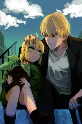 Rule 34 | 1boy, 1girl, ahoge, artoria pendragon (fate), bad id, bad pixiv id, blonde hair, child, fate/stay night, fate (series), gilgamesh (fate), green eyes, highres, jisue10, headpat, plant, potted plant, red eyes, saber (fate), time paradox, aged down