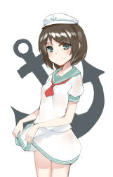 Rule 34 | 1girl, anchor, anhao, bad id, bad pixiv id, brown hair, closed mouth, clothes lift, collarbone, cowboy shot, green eyes, hat, highres, legs together, lifting own clothes, looking at viewer, miniskirt, murasa minamitsu, neckerchief, sailor, sailor hat, shirt, short hair, short sleeves, simple background, skirt, skirt hold, skirt lift, skirt set, smile, solo, touhou, white shirt, white skirt