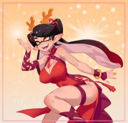 Rule 34 | + +, 1girl, bare shoulders, breasts, callie (splatoon), chinese zodiac, cleavage, dress, large breasts, little blood, nintendo, pointy ears, sleeveless, splatoon (series), tentacle hair, twintails, year of the dragon, yellow eyes