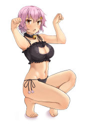 Rule 34 | 1girl, absurdres, bad id, bad pixiv id, barefoot, bell, black bra, black choker, black panties, blush, bra, breasts, brown eyes, cat lingerie, choker, cleavage, cleavage cutout, clothing cutout, commentary request, feet, full body, hair ornament, hairclip, hands up, highres, jingle bell, kantai collection, large breasts, meme attire, navel, neck bell, open mouth, osananajimi neko, panties, paw pose, short hair, side-tie panties, simple background, solo, tama (kancolle), tiptoes, toes, underwear, underwear only, white background