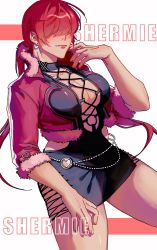 Rule 34 | 1girl, black dress, breasts, cleavage, dress, earrings, hair over eyes, highres, jacket, jewelry, large breasts, long hair, pink jacket, red hair, shermie (kof), snk, the king of fighters, the king of fighters xv