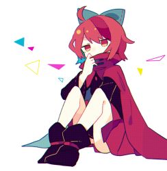 Rule 34 | 1girl, bad id, bad pixiv id, black footwear, black shirt, blue ribbon, cape, daizu (melon-lemon), hair ribbon, long sleeves, multicolored cape, multicolored clothes, pleated skirt, red eyes, red hair, red skirt, ribbon, sekibanki, shirt, shoes, short hair, sitting, skirt, solo, touhou, two-sided cape, two-sided fabric, white background
