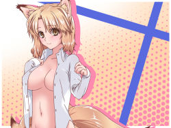 Rule 34 | 1girl, animal ears, blonde hair, blush, breasts, dress shirt, female focus, fox ears, fox tail, herio, large breasts, multiple tails, navel, no bra, open clothes, open shirt, shirt, short hair, solo, tail, touhou, yakumo ran, yellow eyes