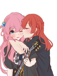 Rule 34 | 2girls, blue eyes, blush, bocchi the rock!, closed eyes, commentary request, cube hair ornament, gotoh hitori, guitar, hair ornament, highres, hiiragi iwashi (artist), holding, holding instrument, instrument, kiss, kissing cheek, kita ikuyo, long hair, medium hair, multiple girls, one eye closed, parted lips, pink hair, red hair, yuri