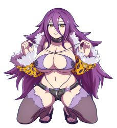 Rule 34 | 1girl, 7th dragon, 7th dragon (series), 7th dragon 2020, black neckwear, black shorts, blush, bra, breasts, choker, cleavage, cleavage cutout, clothing cutout, commentary, cosplay, curvy, dark mage (monster girl encyclopedia), english commentary, female focus, full body, fur-trimmed jacket, fur trim, grey thighhighs, grin, hair between eyes, hands up, high heels, highres, jacket, kneeling, large breasts, legs, long hair, looking at viewer, micro panties, micro shorts, monster girl encyclopedia, nail polish, nav (itsnav), navel, no socks, orange eyes, panties, psychic (7th dragon), psychic (7th dragon) (cosplay), purple bra, purple panties, revealing clothes, shoes, short shorts, shorts, simple background, smile, solo, squatting, stomach, thick thighs, thighhighs, thighs, toenail polish, toenails, transparent background, underboob, underwear, very long hair